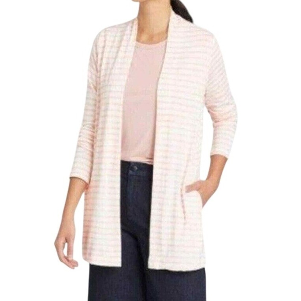 A New Day Cardigan Women XS Pink White Stripe Open Front Pocket Knit Sweater NWT